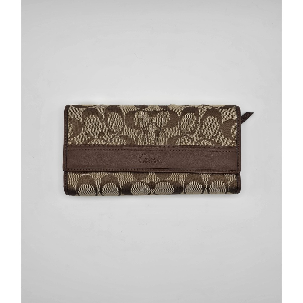 Coach‎ Signature C Monogram Brown Leather Trim Trifold Wallet Pleated
